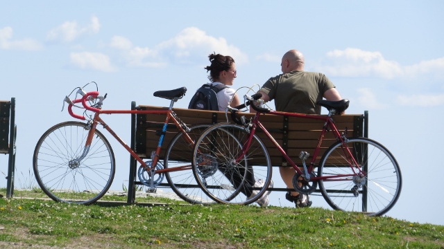 couple with bicycle sitting on bench,display of love