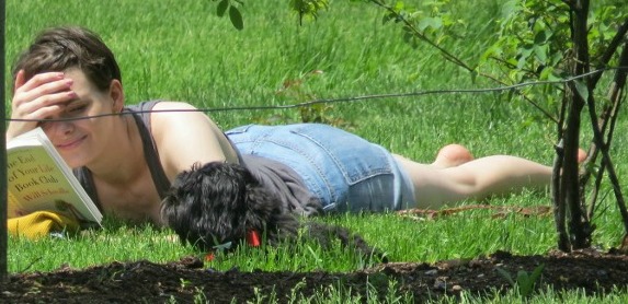 woman with dog laying in grass reading,photos photo images